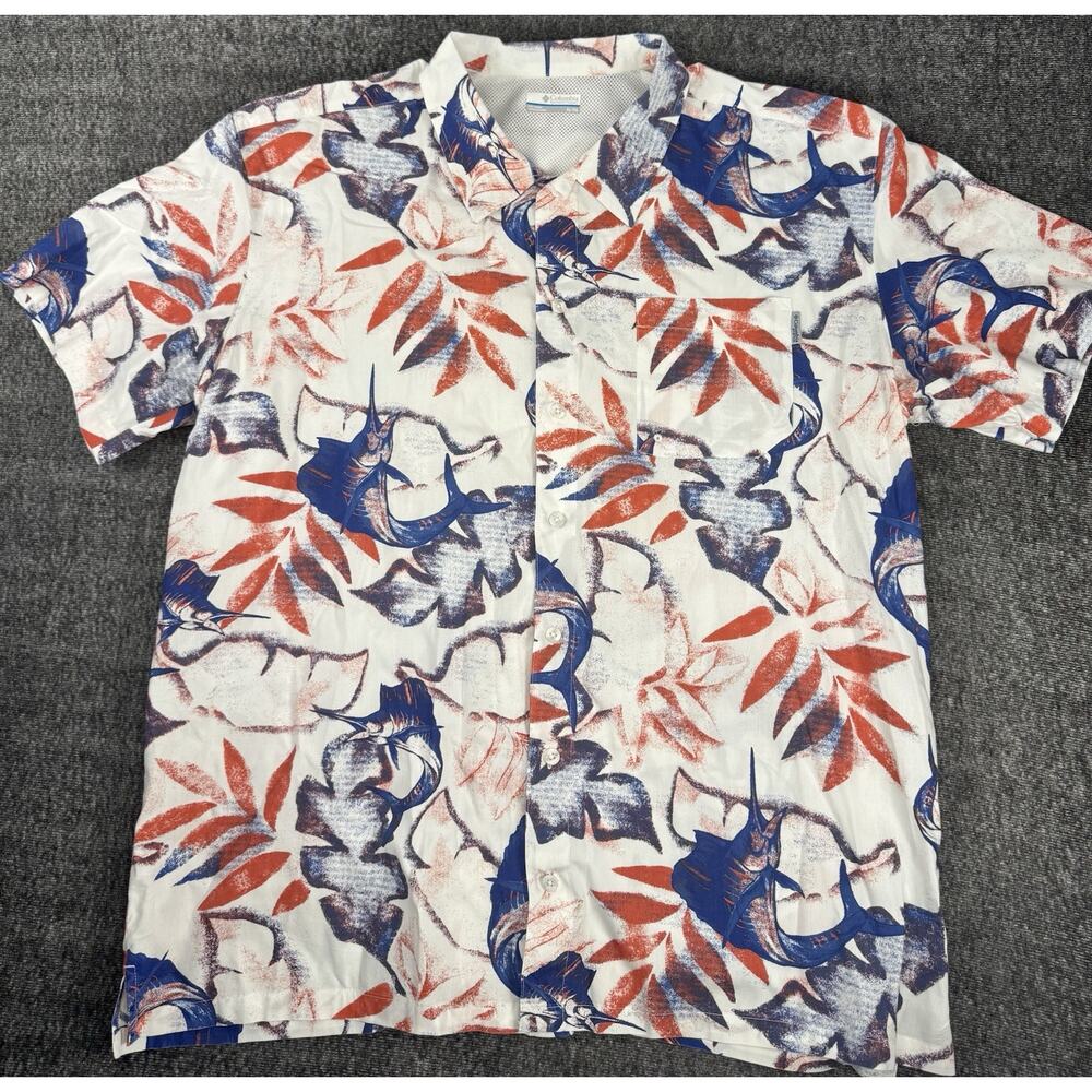 Mens Columbia Performance Fishing Button Down Short Sleeve Marlin Designs XL